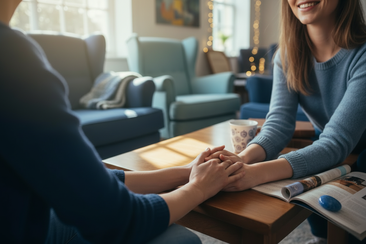 just show the hands holding no faces and have some coffee cups on the table and maybe a magazine so it looks more homey and safe